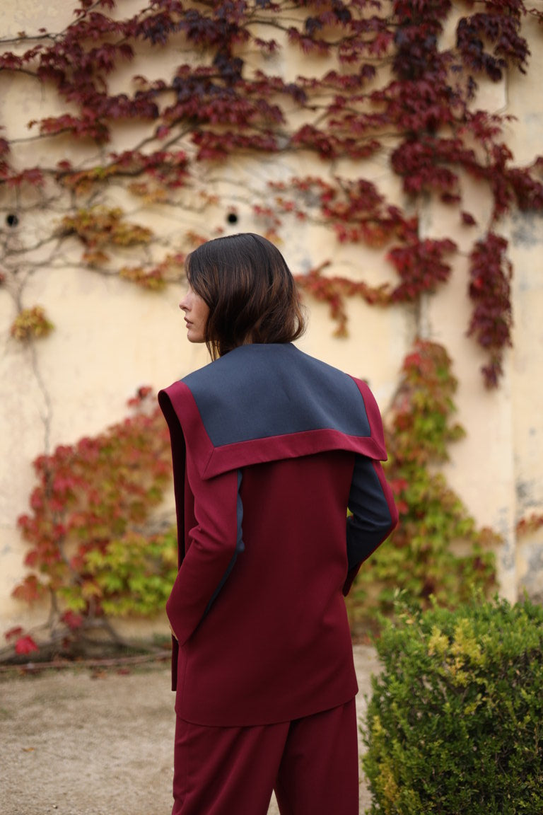 Veste en laine bordeaux et bleue