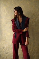 Veste en laine bordeaux et bleue