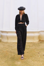 Pantalón Rigel Devoré Black – Detalle – Slow fashion española