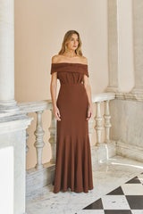 Vestido Largo Giala Chocolate – Vista lateral – Dew & Corch SS26