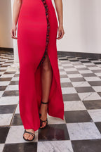 Vestido Largo Vexar Red & Black – Vista lateral – Dew & Corch SS26