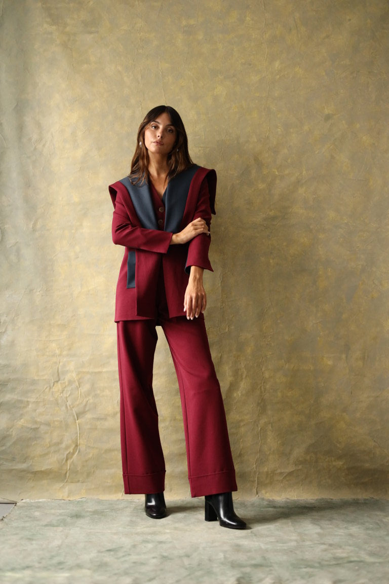Veste en laine bordeaux et bleue