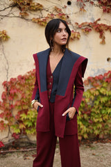 Veste en laine bordeaux et bleue